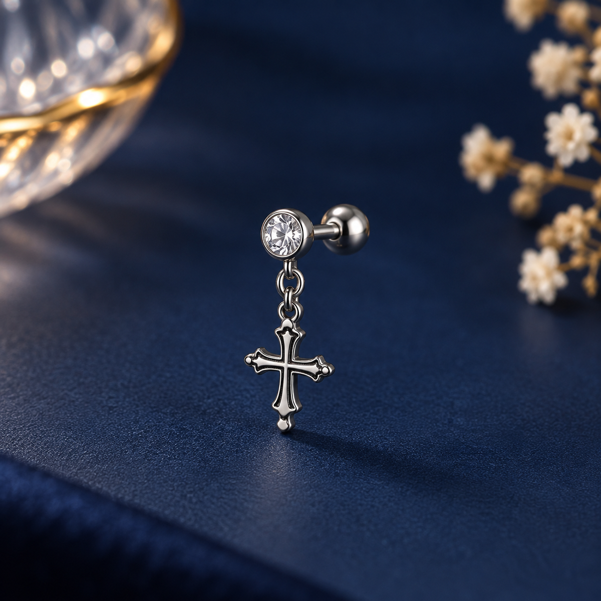 Silver Cross Drop Crystal Piercing Stud