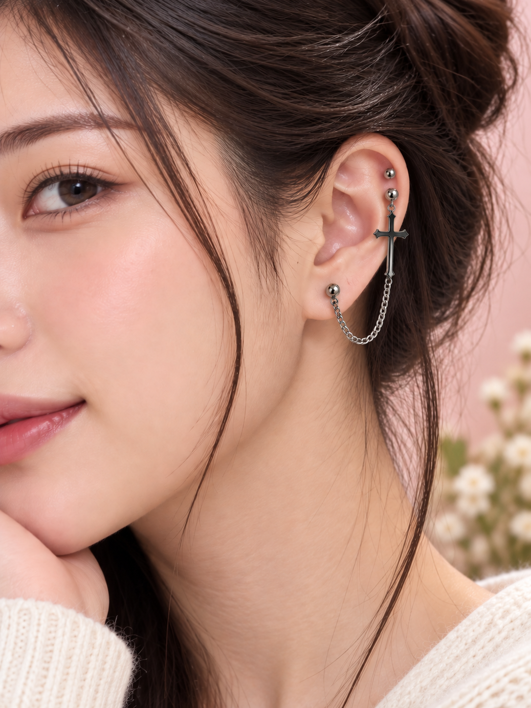 Silver Cross Chain Piercing Set