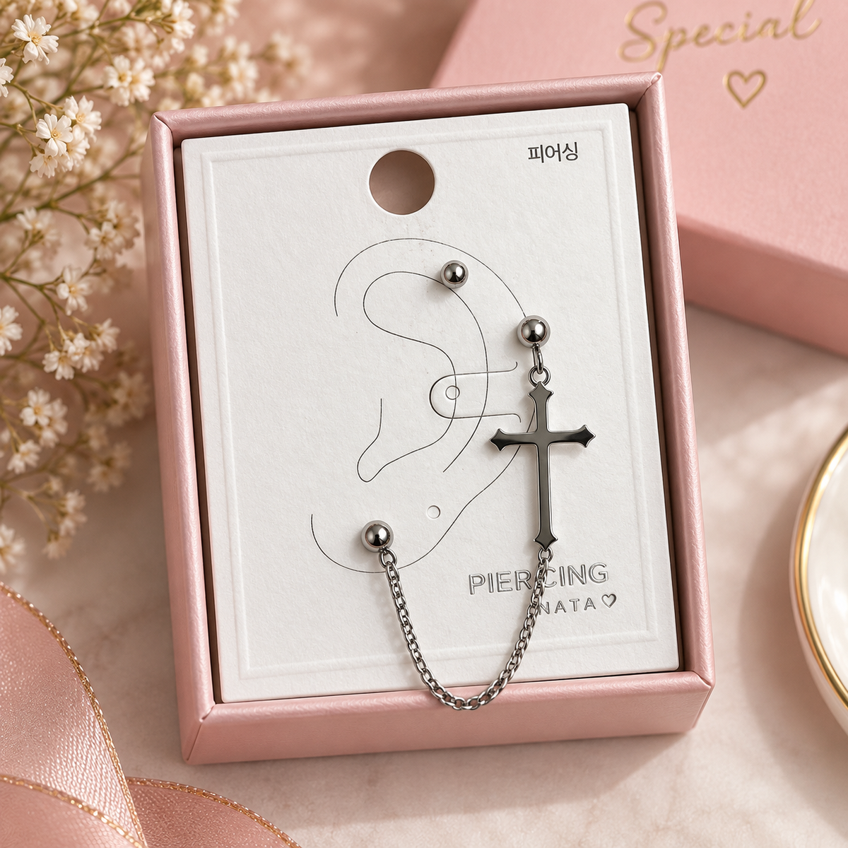 Silver Cross Chain Piercing Set