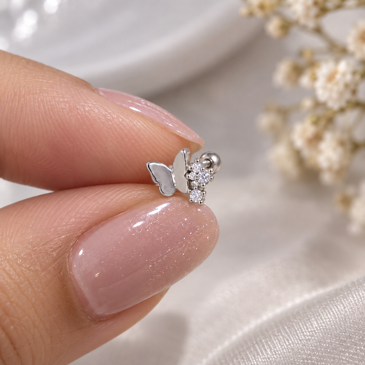 Silver Butterfly Crystal Cluster Piercing Stud