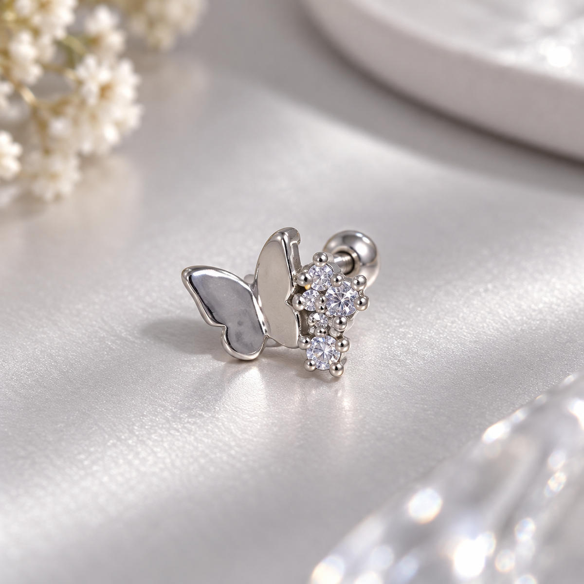 Silver Butterfly Crystal Cluster Piercing Stud