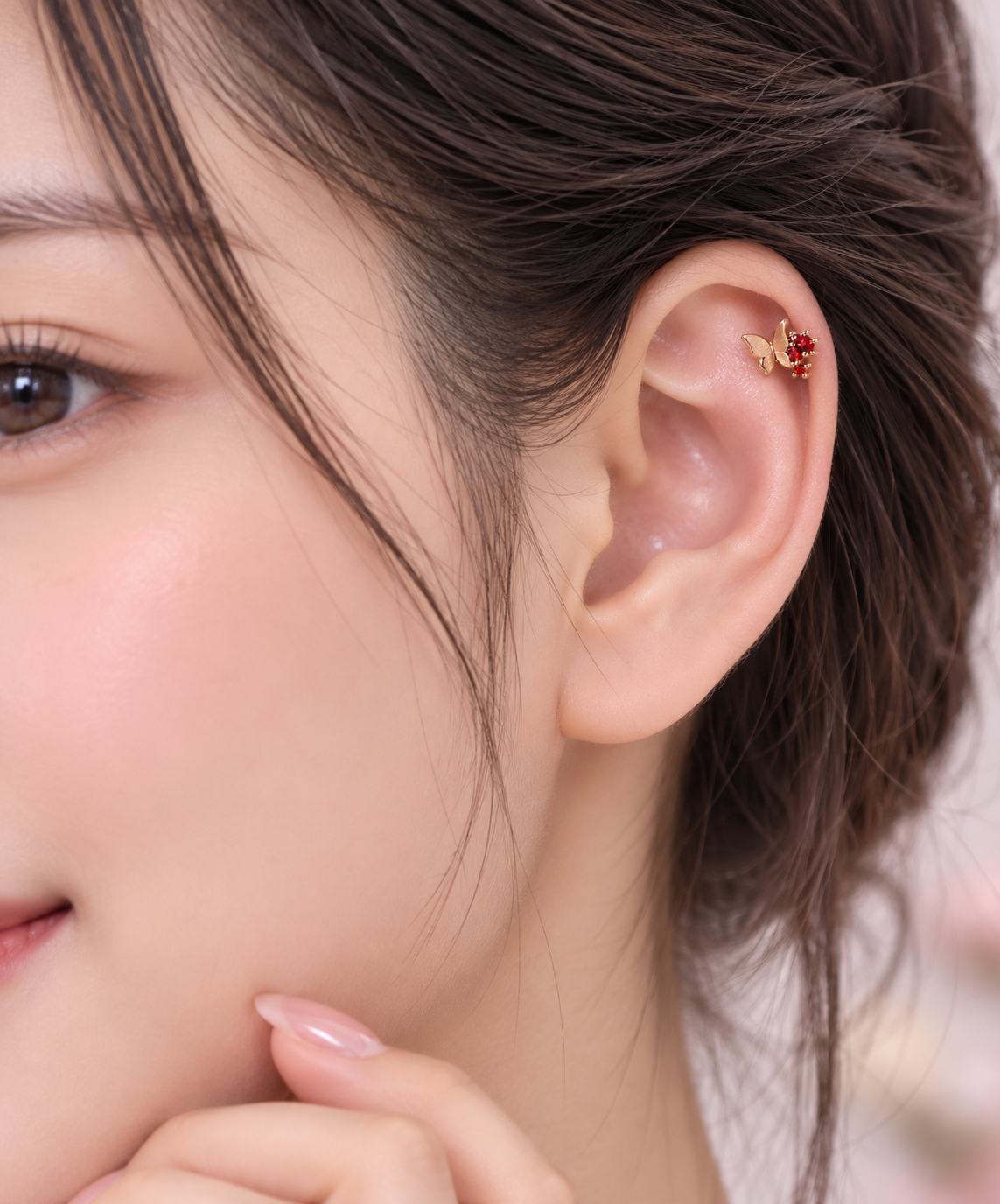 Rose Gold Butterfly Red Stone Piercing Stud