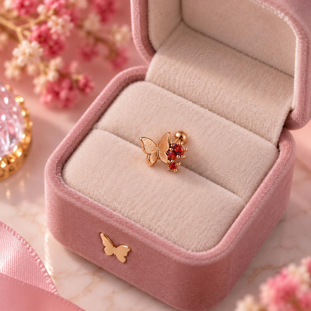 Rose Gold Butterfly Red Stone Piercing Stud