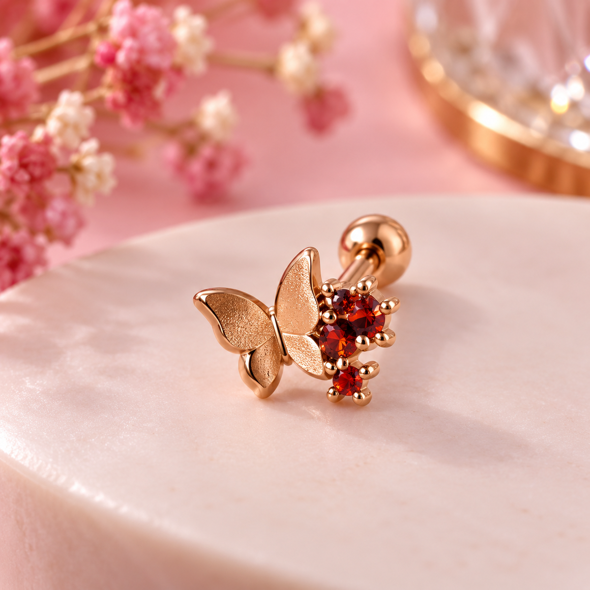 Rose Gold Butterfly Red Stone Piercing Stud