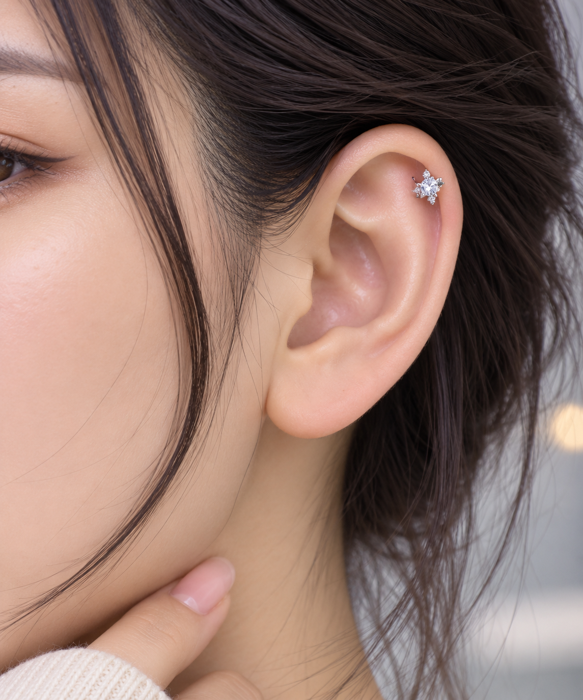 Silver Crystal Floral Piercing Stud