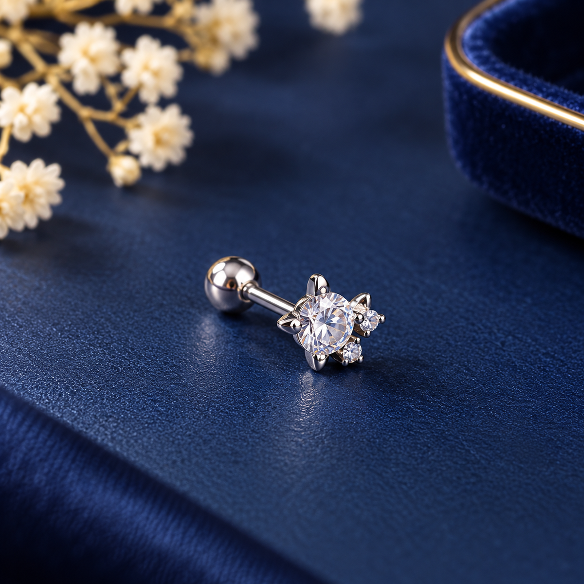 Silver Crystal Floral Piercing Stud