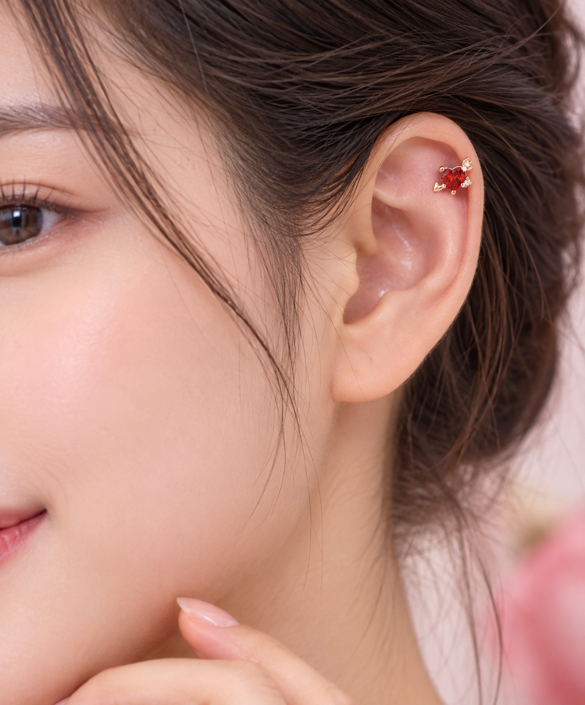 Rose Gold Red Heart Crystal Piercing Stud