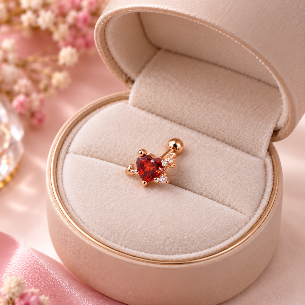 Rose Gold Red Heart Crystal Piercing Stud