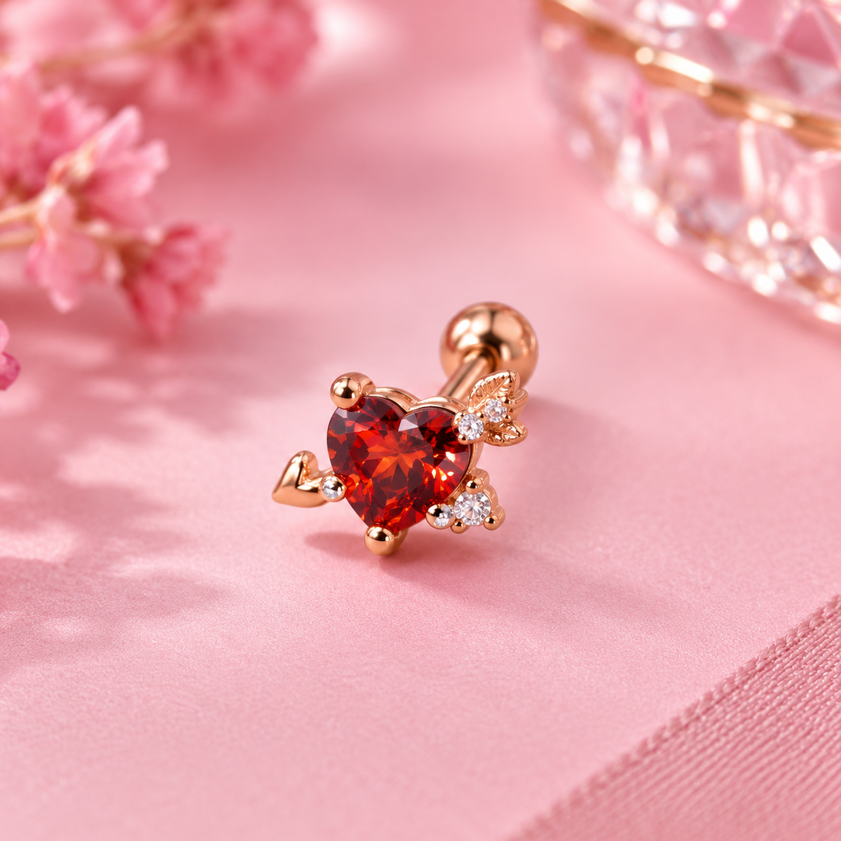 Rose Gold Red Heart Crystal Piercing Stud