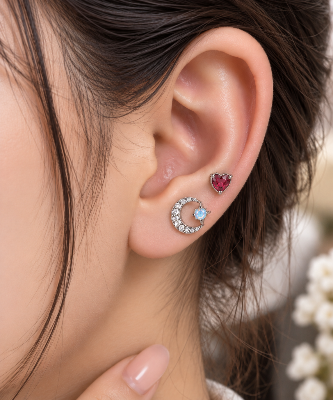 Silver 2-Piece Heart & Moon Piercing Set