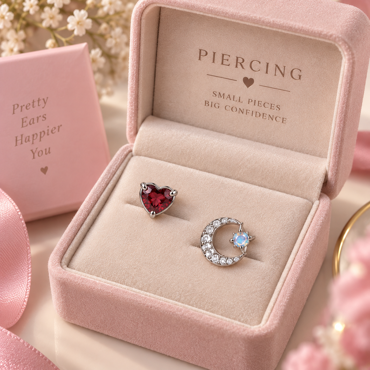 Silver 2-Piece Heart & Moon Piercing Set