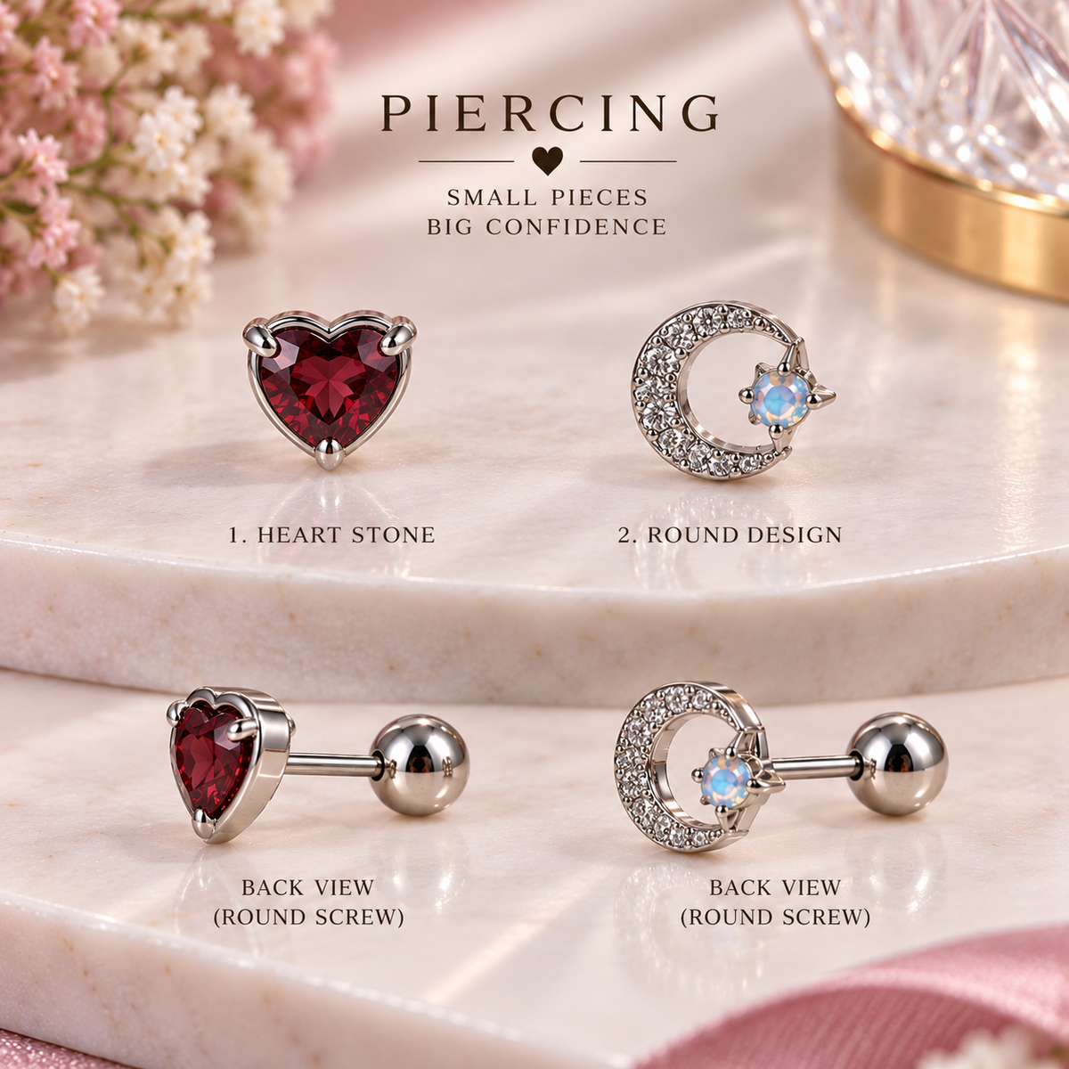 Silver 2-Piece Heart & Moon Piercing Set