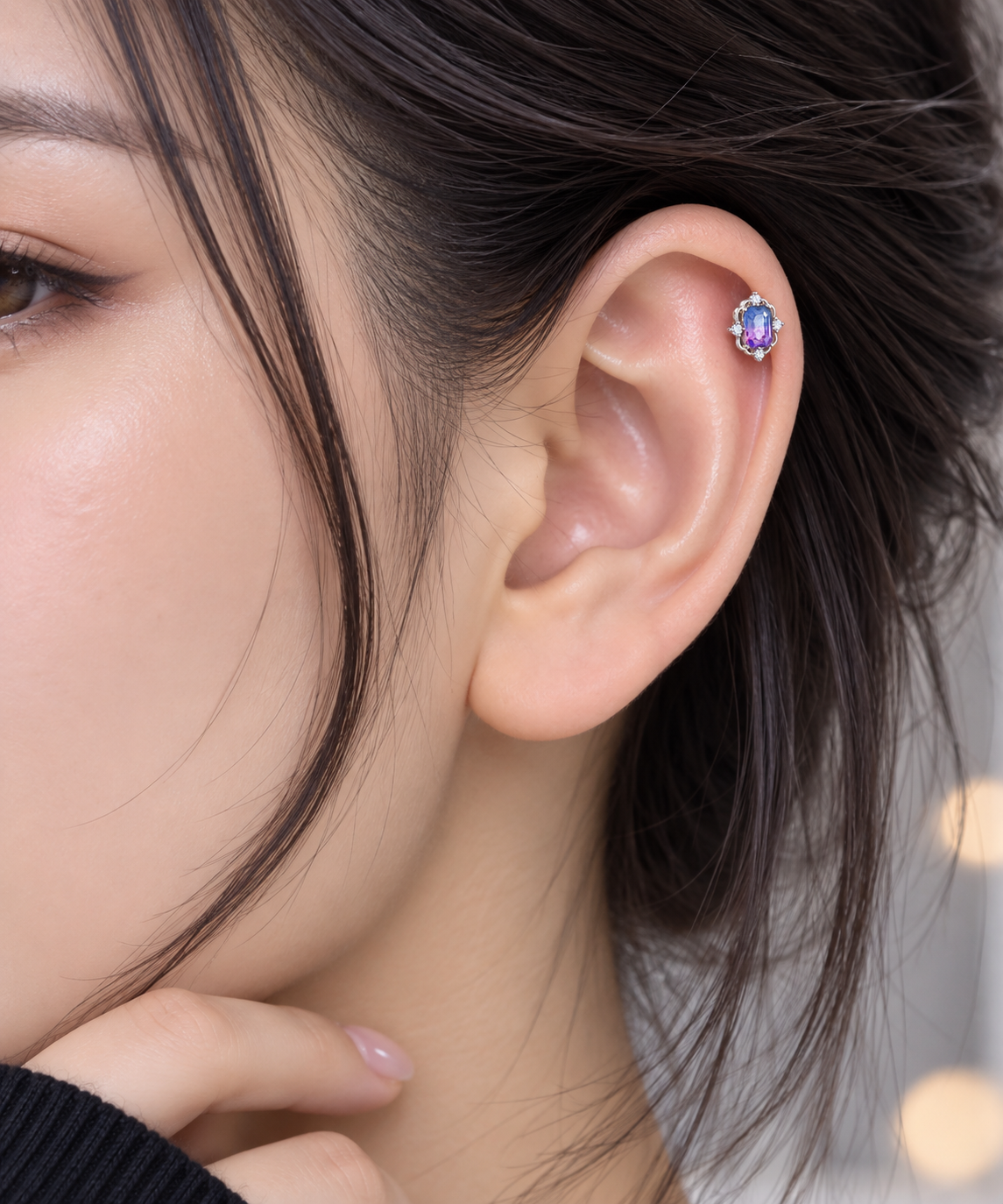 Silver Blue Pink Crystal Piercing Stud