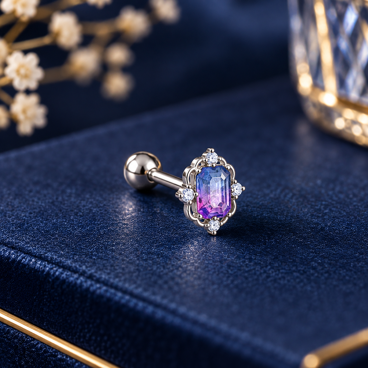 Silver Blue Pink Crystal Piercing Stud