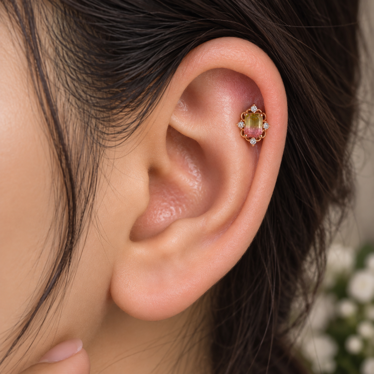 Rose Gold Multicolor Crystal Piercing Stud