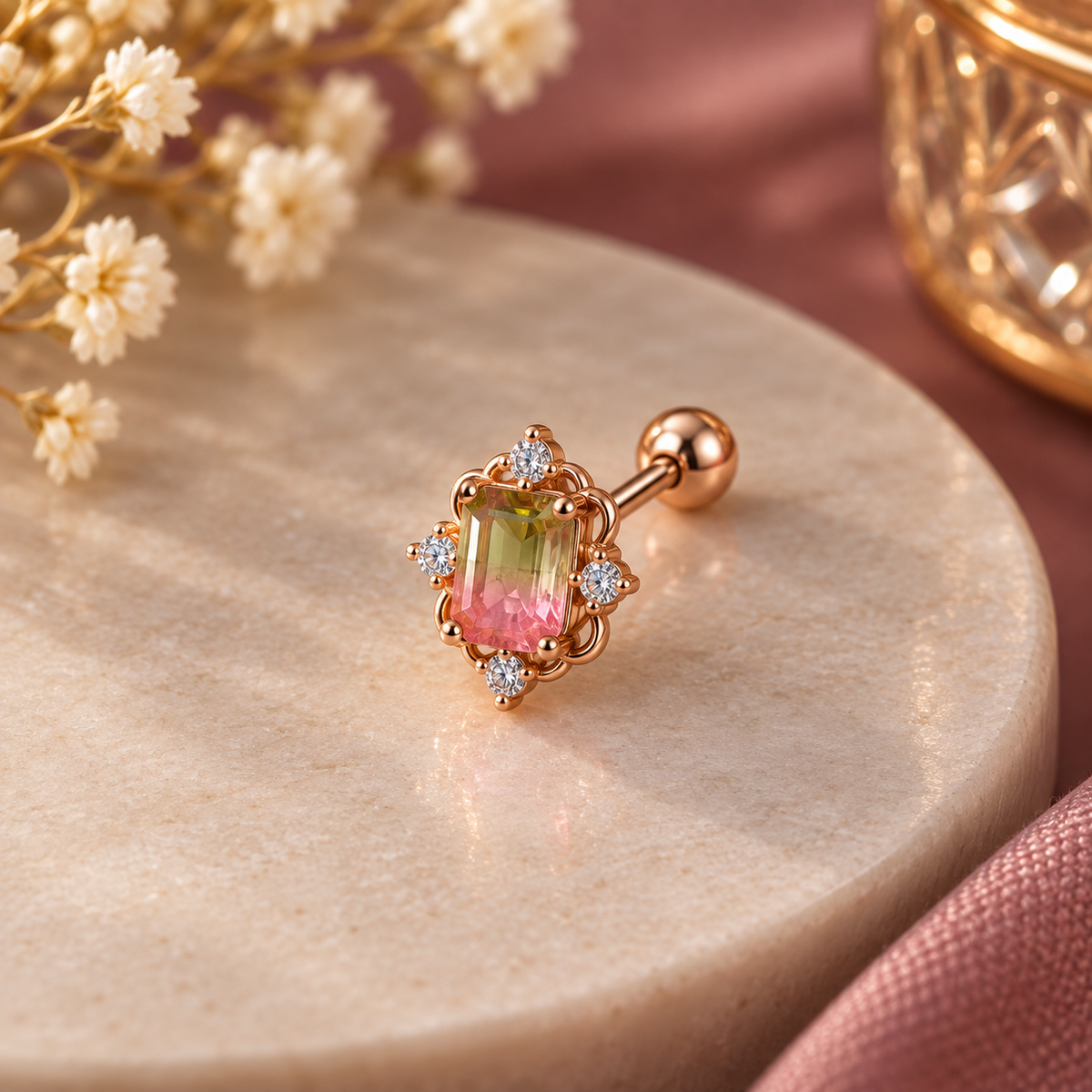 Rose Gold Multicolor Crystal Piercing Stud
