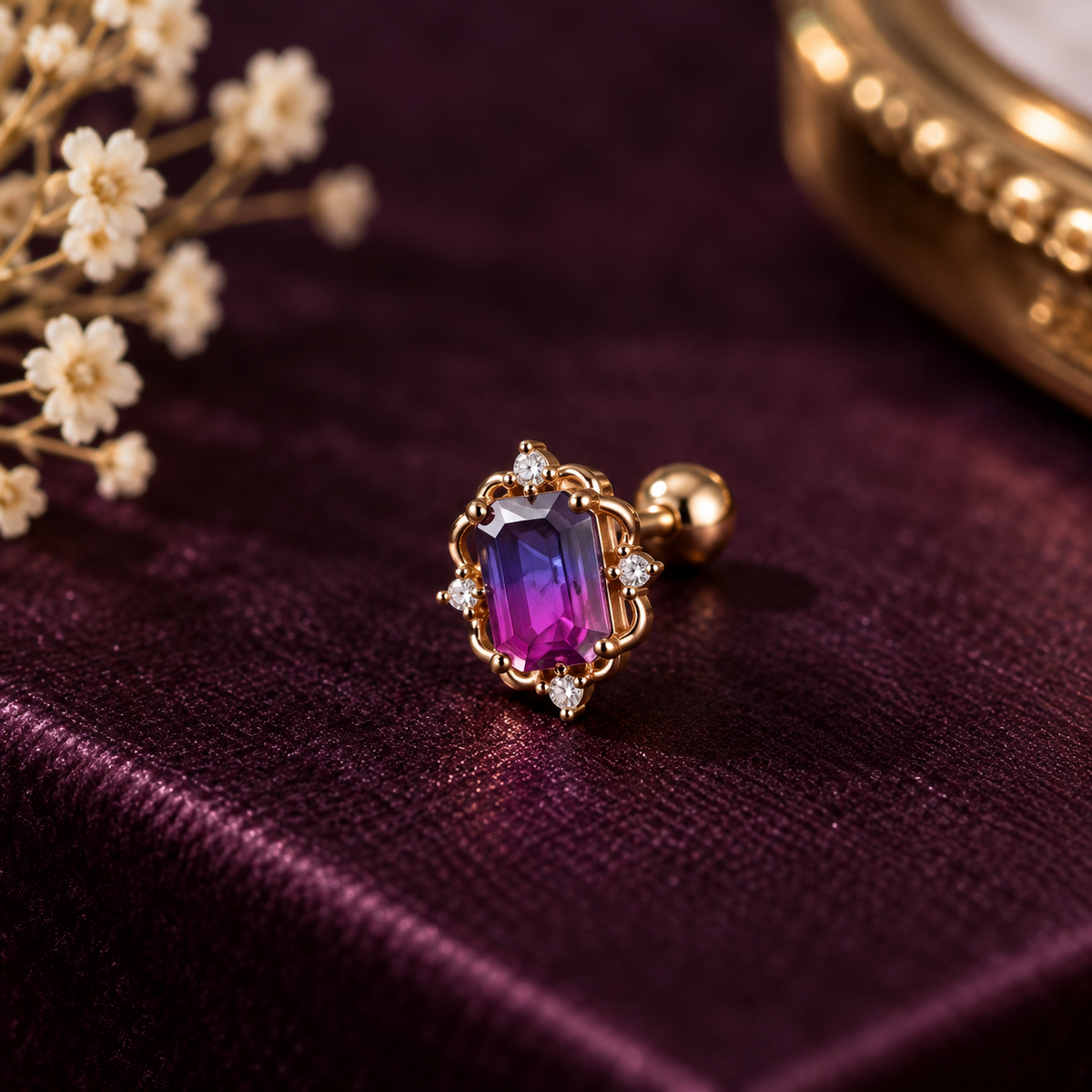 Rose Gold Purple Crystal Piercing Stud