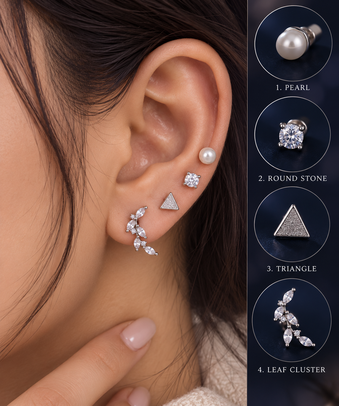 Silver 4-Piece Piercing Set – Leaf, Triangle, Stone & Pearl