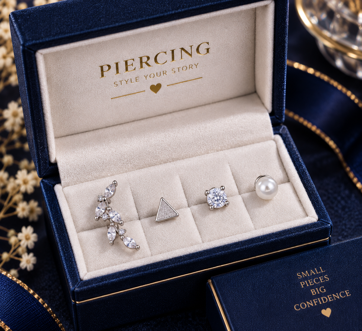 Silver 4-Piece Piercing Set – Leaf, Triangle, Stone & Pearl