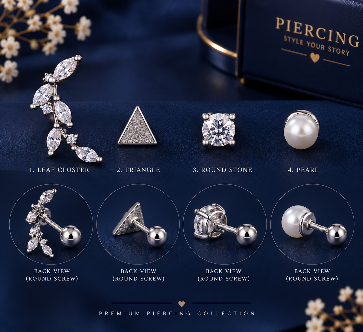 Silver 4-Piece Piercing Set – Leaf, Triangle, Stone & Pearl
