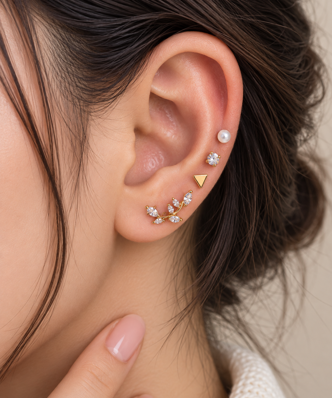 Rose Gold 4-Piece Piercing Set – Leaf, Triangle, Stone & Pearl