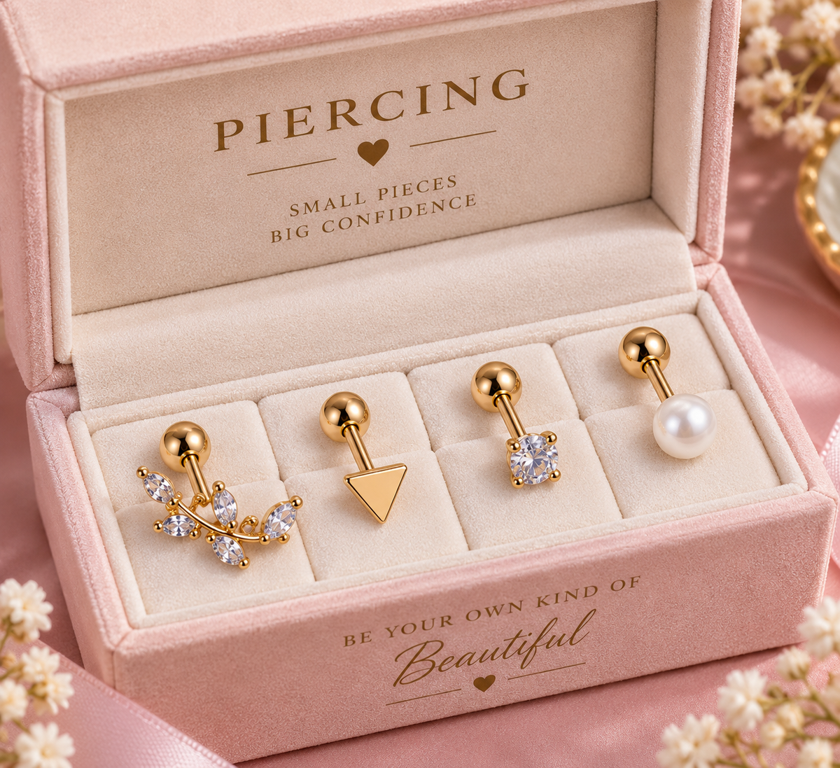 Rose Gold 4-Piece Piercing Set – Leaf, Triangle, Stone & Pearl