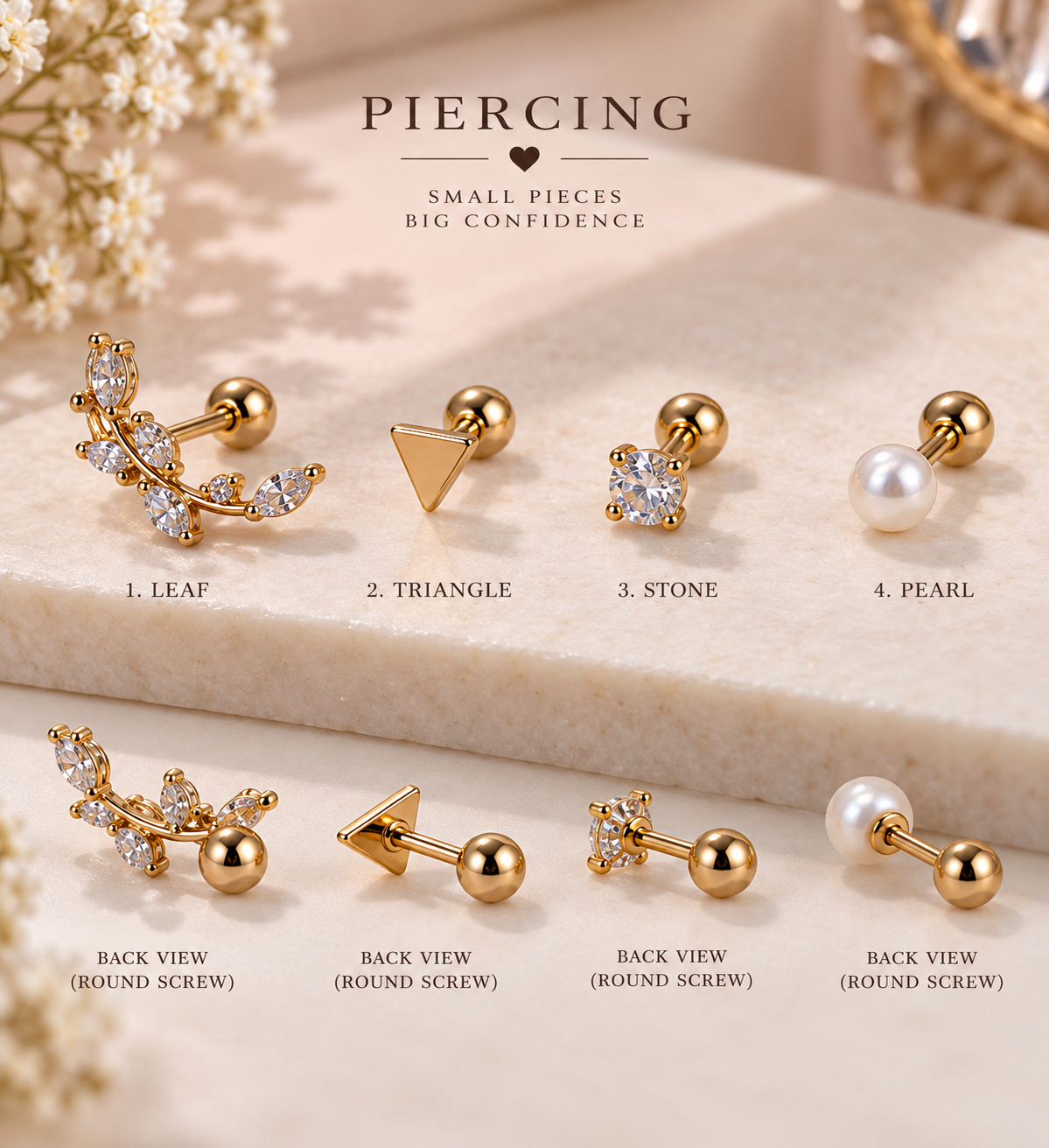 Rose Gold 4-Piece Piercing Set – Leaf, Triangle, Stone & Pearl