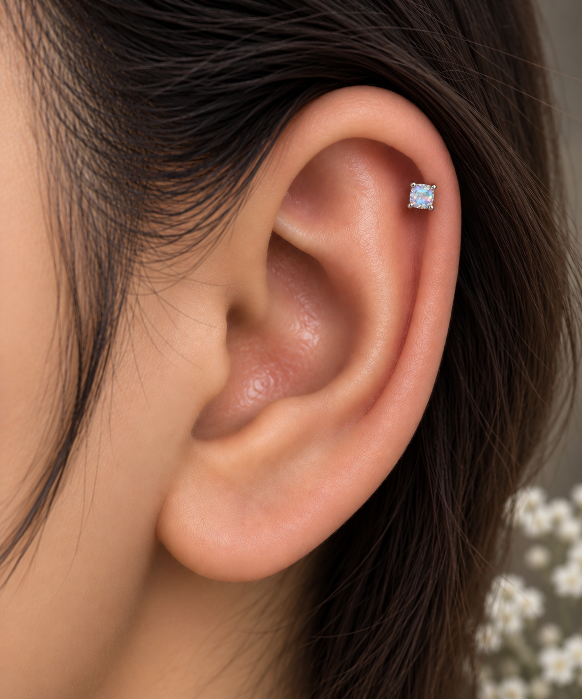 Silver Multicolor Crystal Square Piercing Stud
