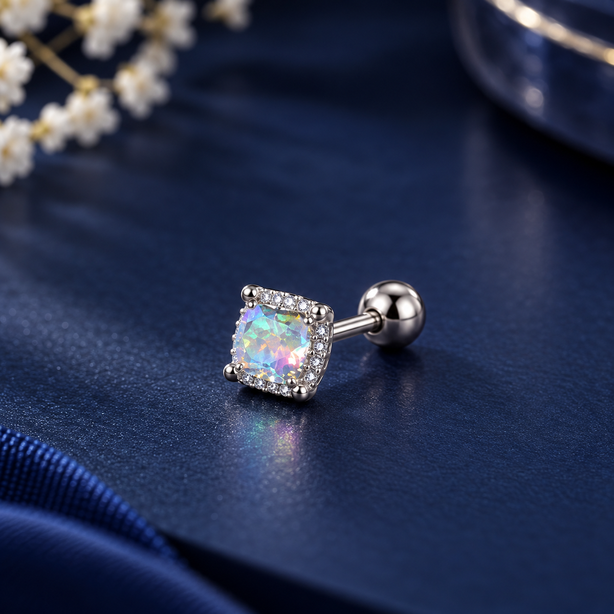Silver Multicolor Crystal Square Piercing Stud