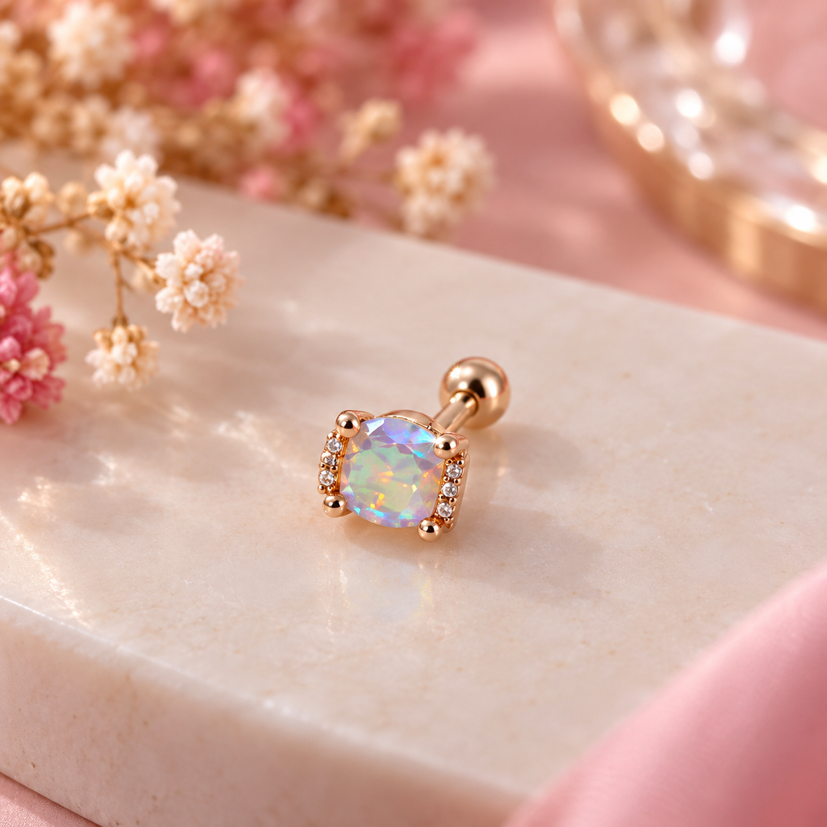 Rose Gold Multicolor Crystal Square Piercing Stud