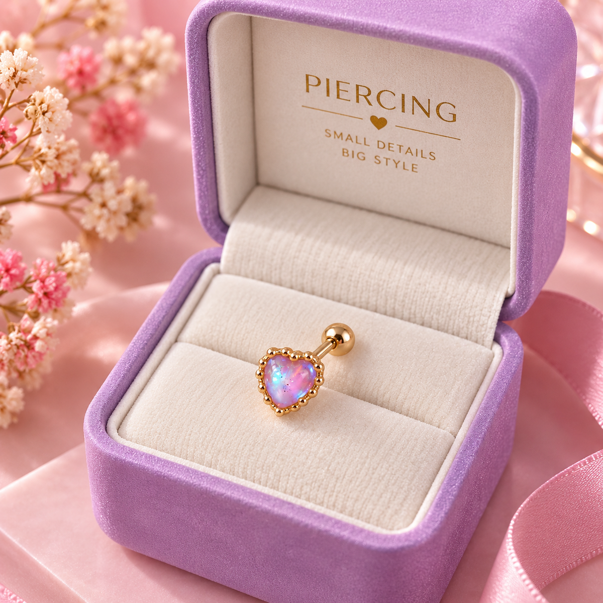 Rose Gold Pink Heart Crystal Piercing Stud