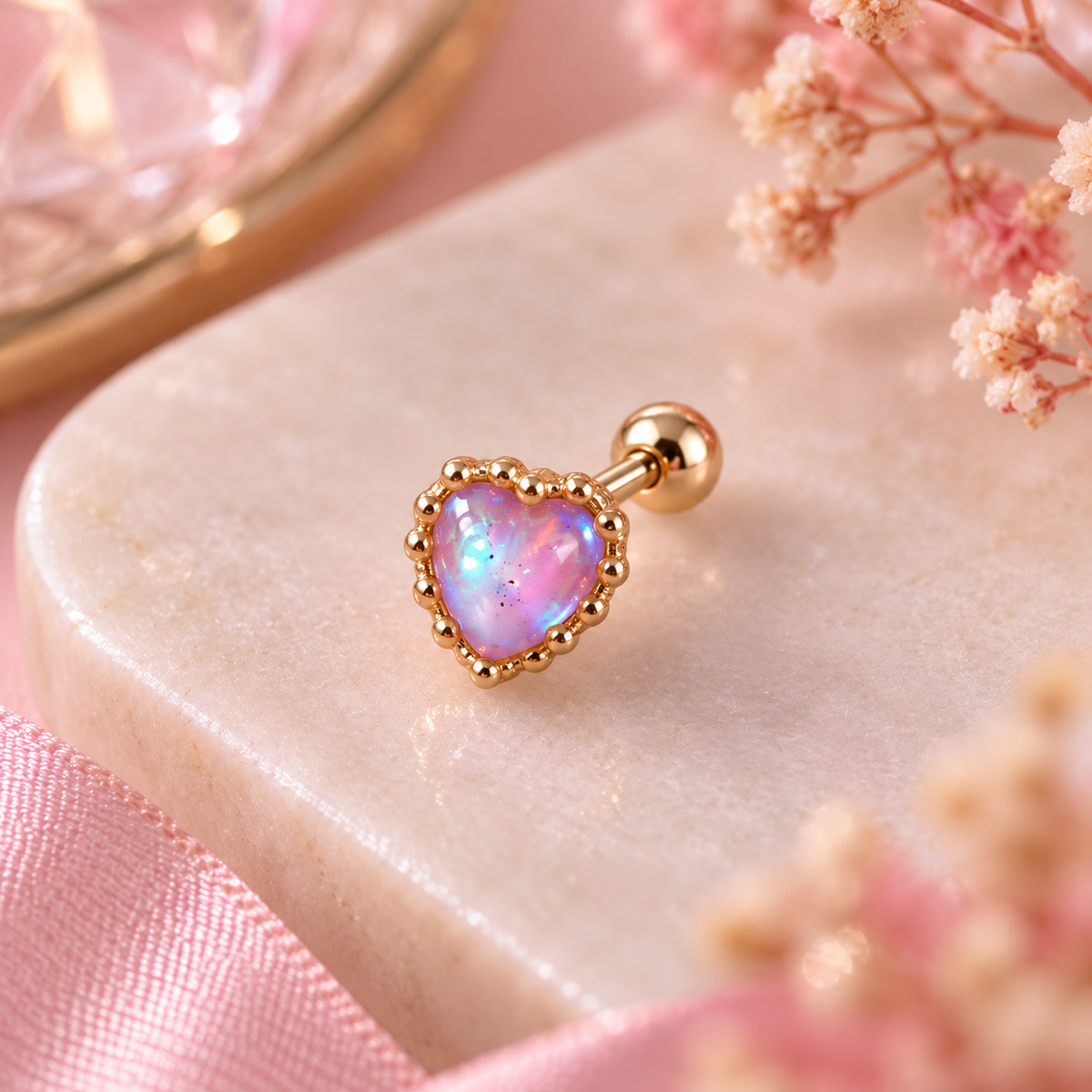 Rose Gold Pink Heart Crystal Piercing Stud