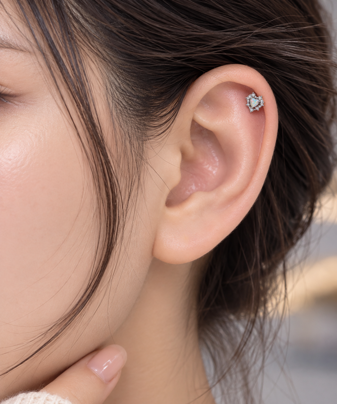Silver Heart Opal Crystal Piercing Stud