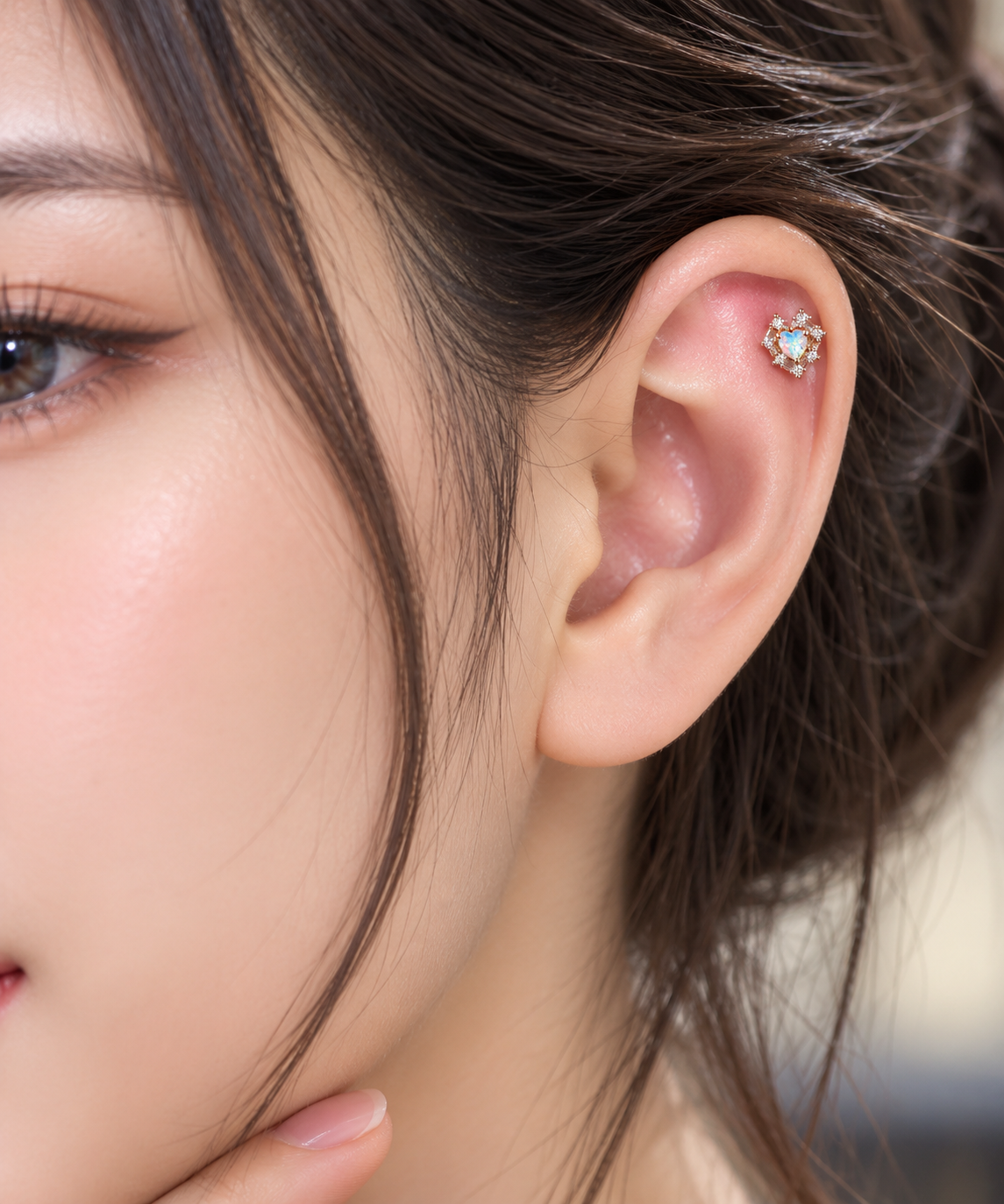 Rose Gold Heart Opal Crystal Piercing Stud