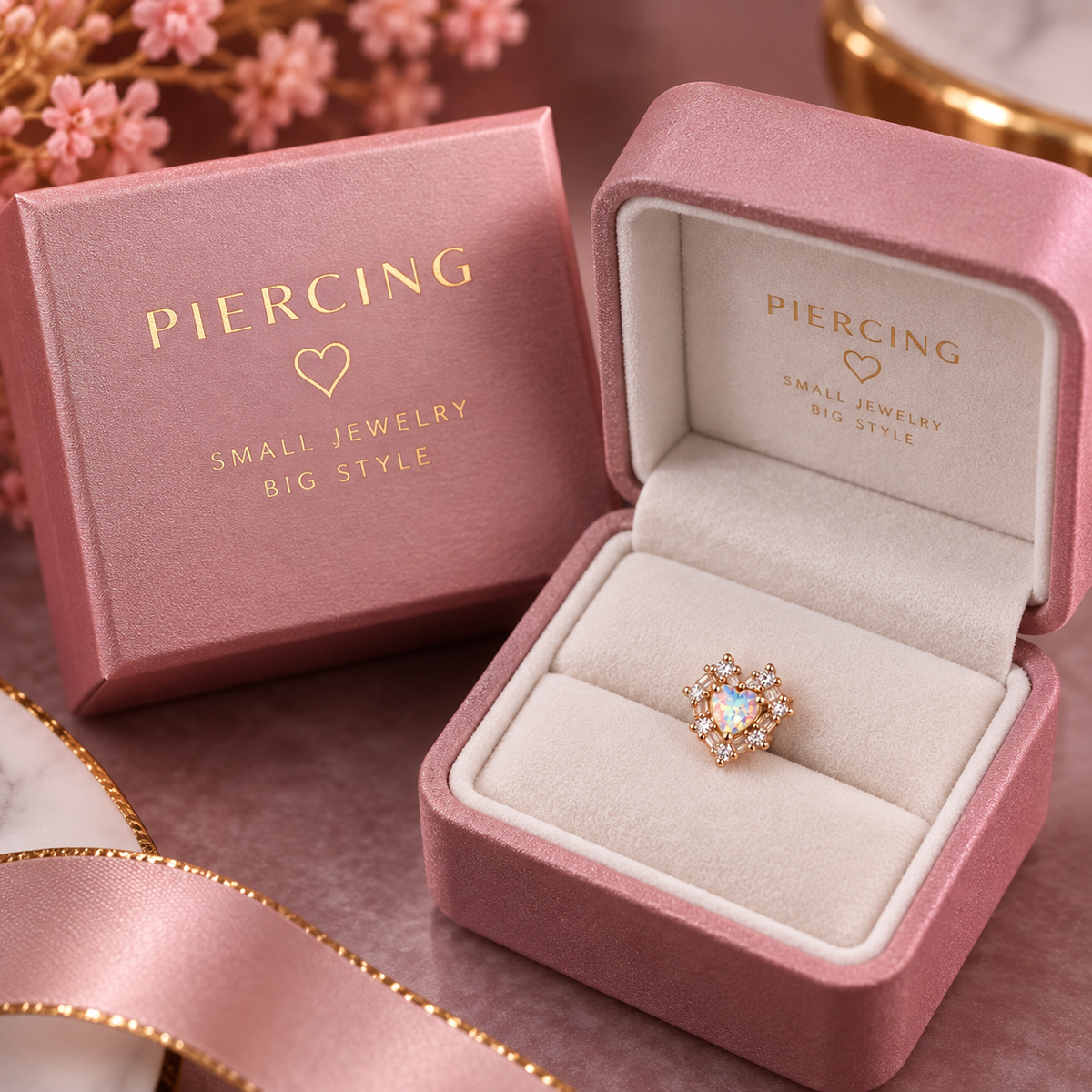 Rose Gold Heart Opal Crystal Piercing Stud