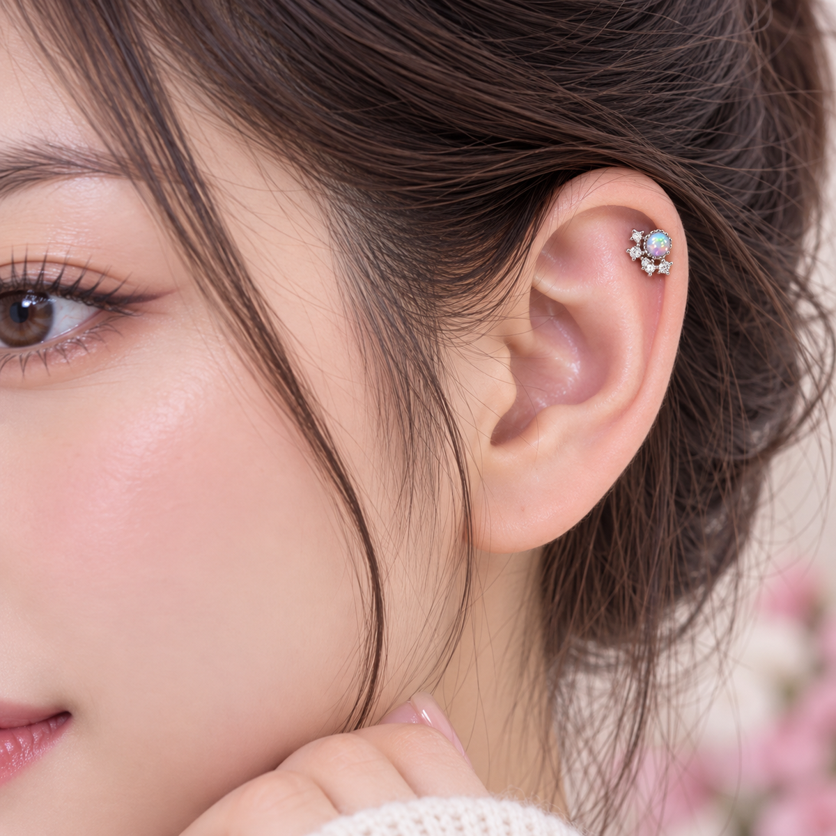 Silver Opal Crystal Floral Piercing Stud