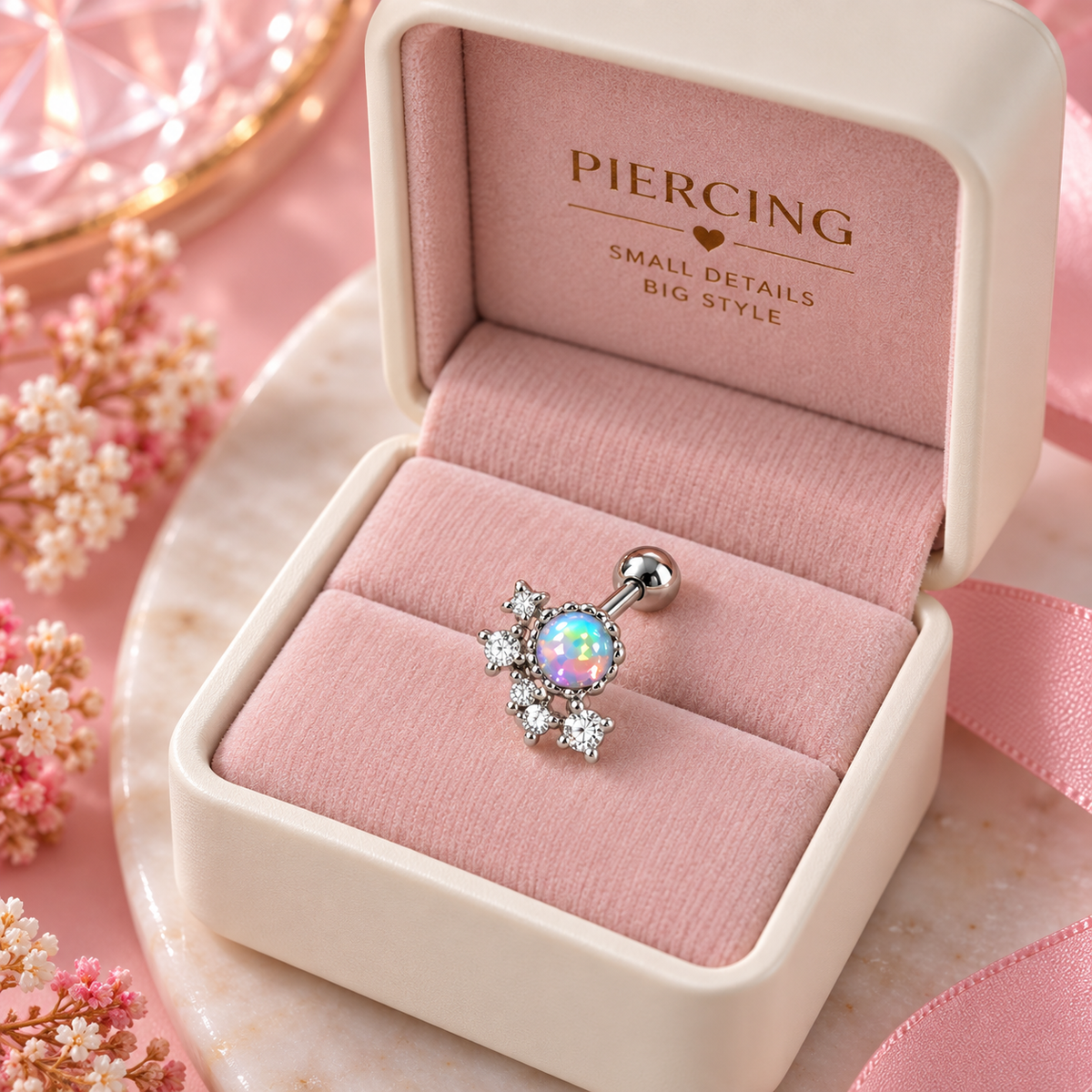 Silver Opal Crystal Floral Piercing Stud