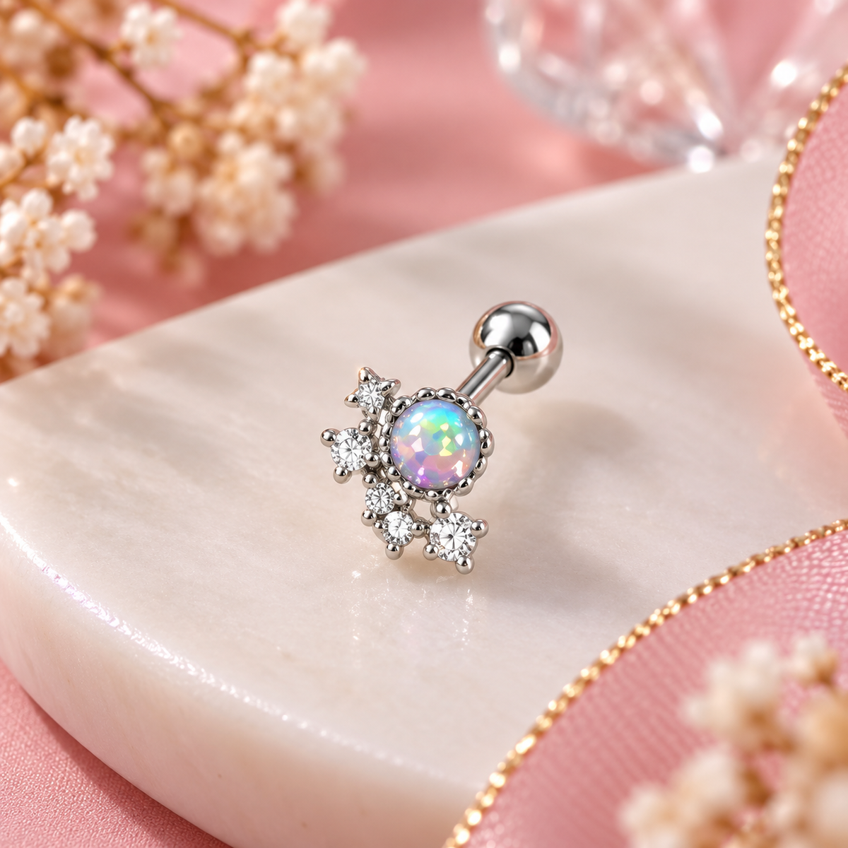 Silver Opal Crystal Floral Piercing Stud