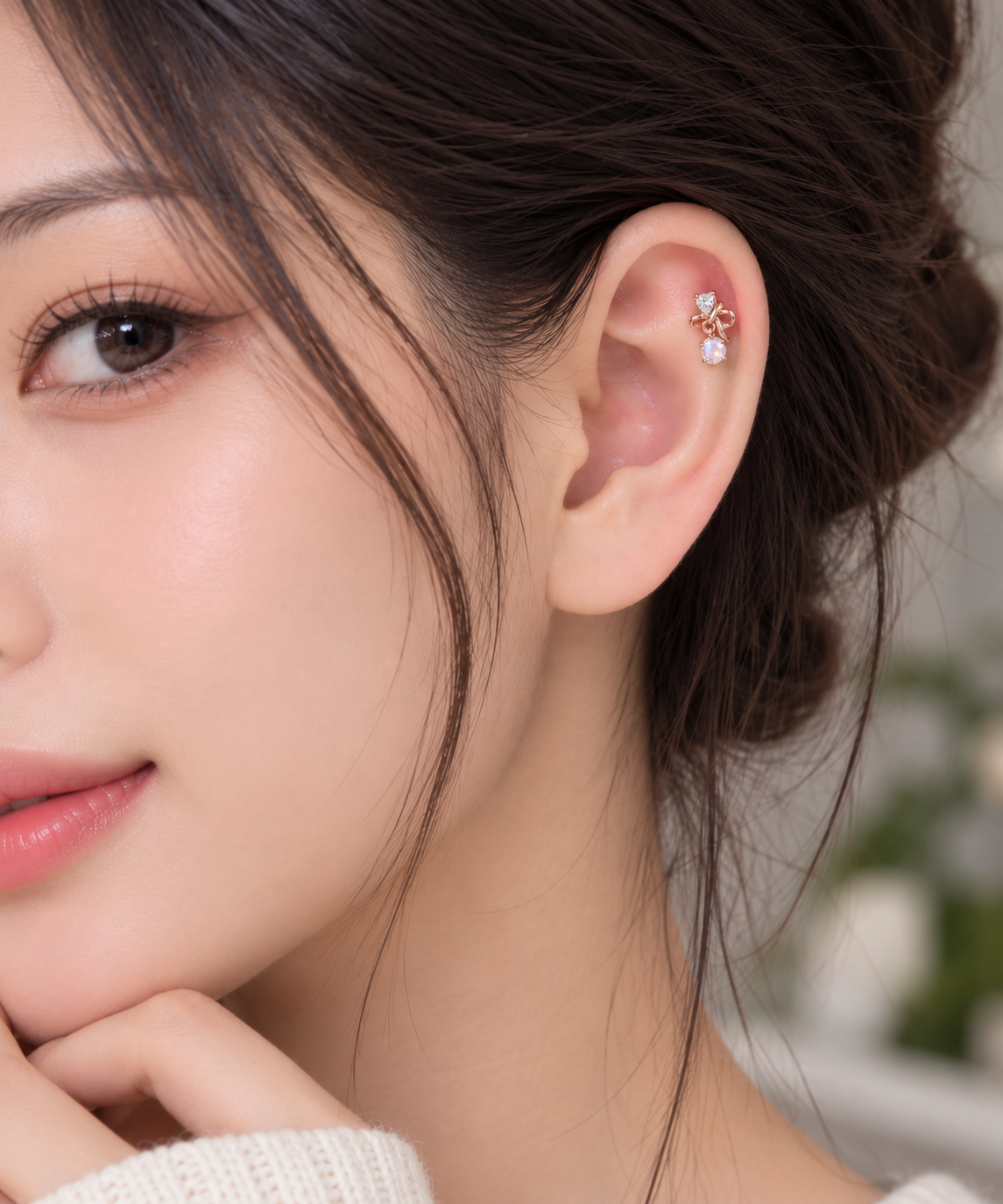 Rose Gold Bow Opal Crystal Piercing Stud
