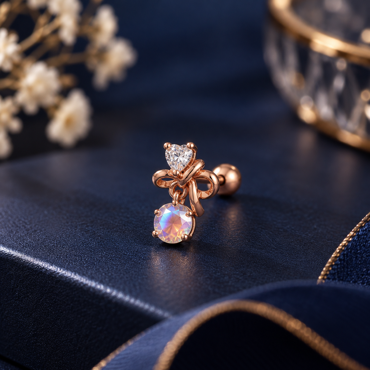 Rose Gold Bow Opal Crystal Piercing Stud