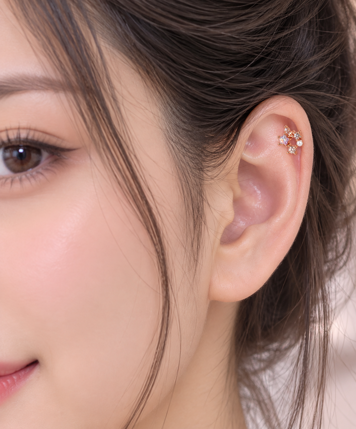 Rose Gold Star Opal Pearl Crystal Piercing Stud