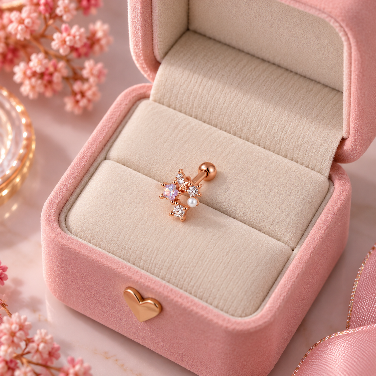 Rose Gold Star Opal Pearl Crystal Piercing Stud