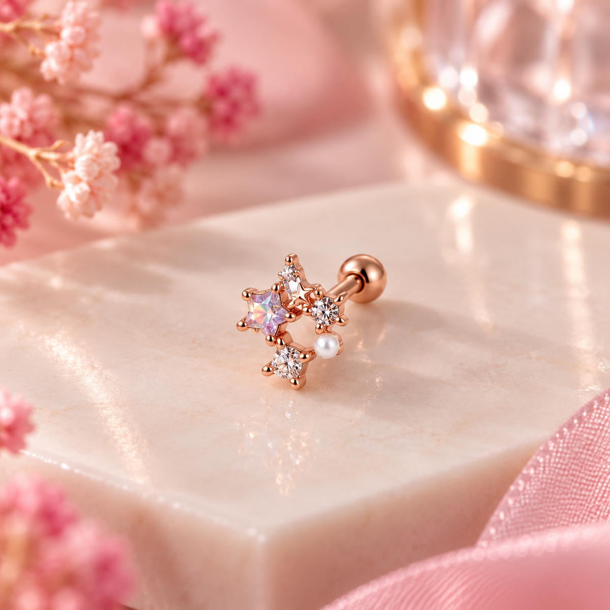 Rose Gold Star Opal Pearl Crystal Piercing Stud