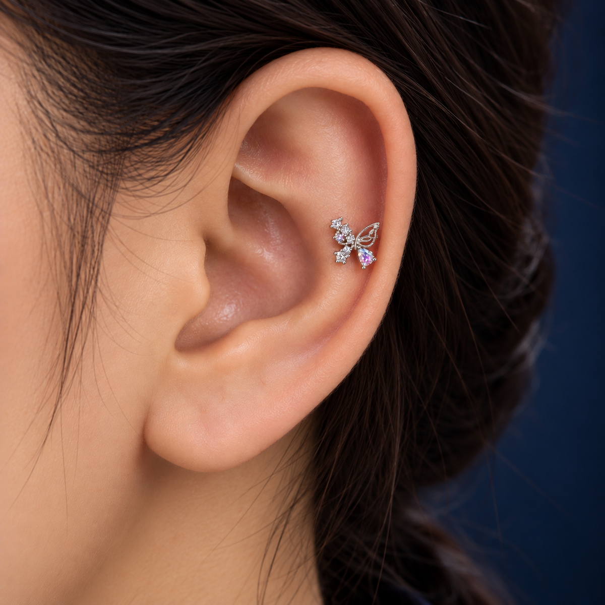 Silver Butterfly Opal Crystal Piercing Stud