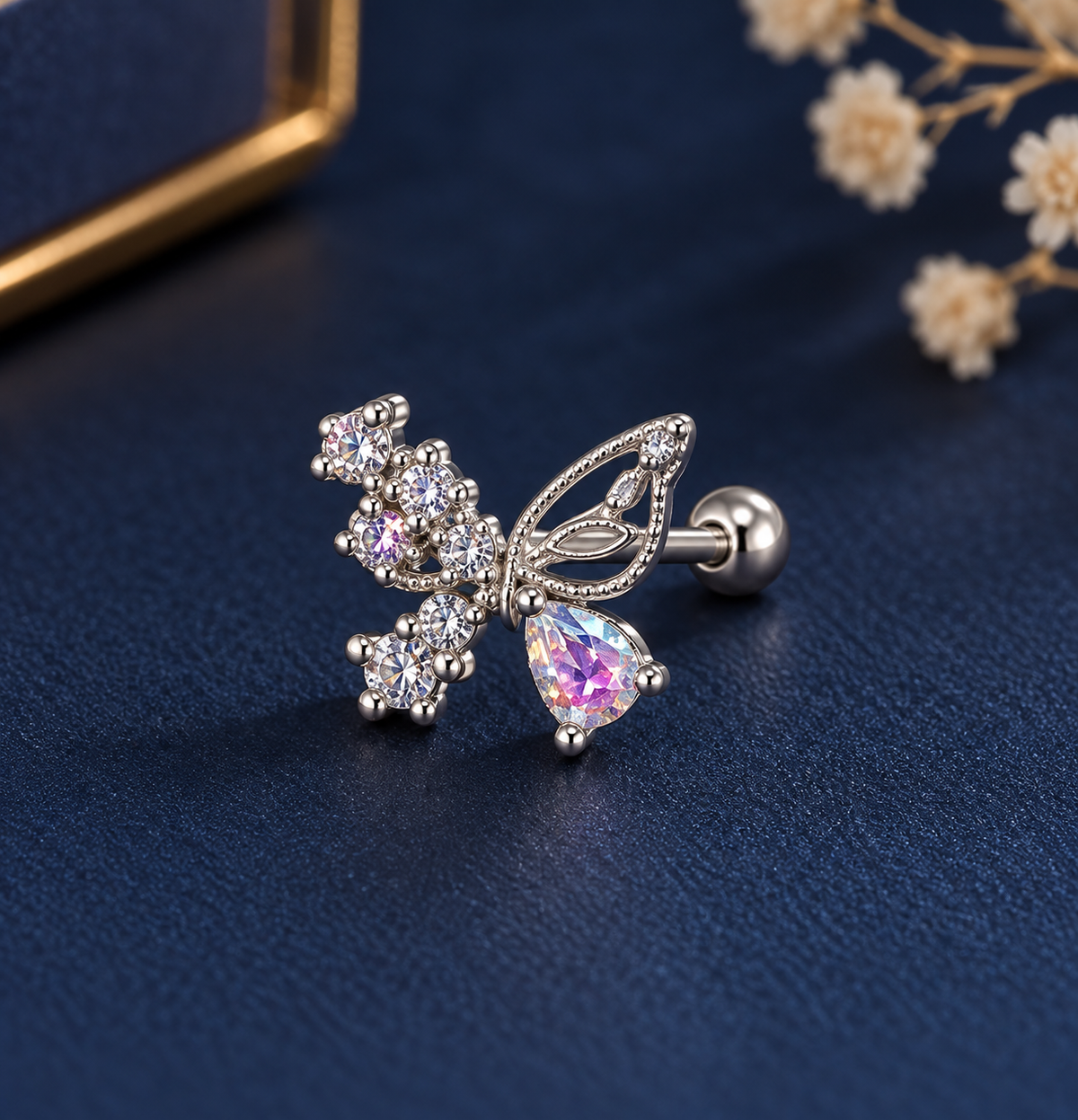 Silver Butterfly Opal Crystal Piercing Stud