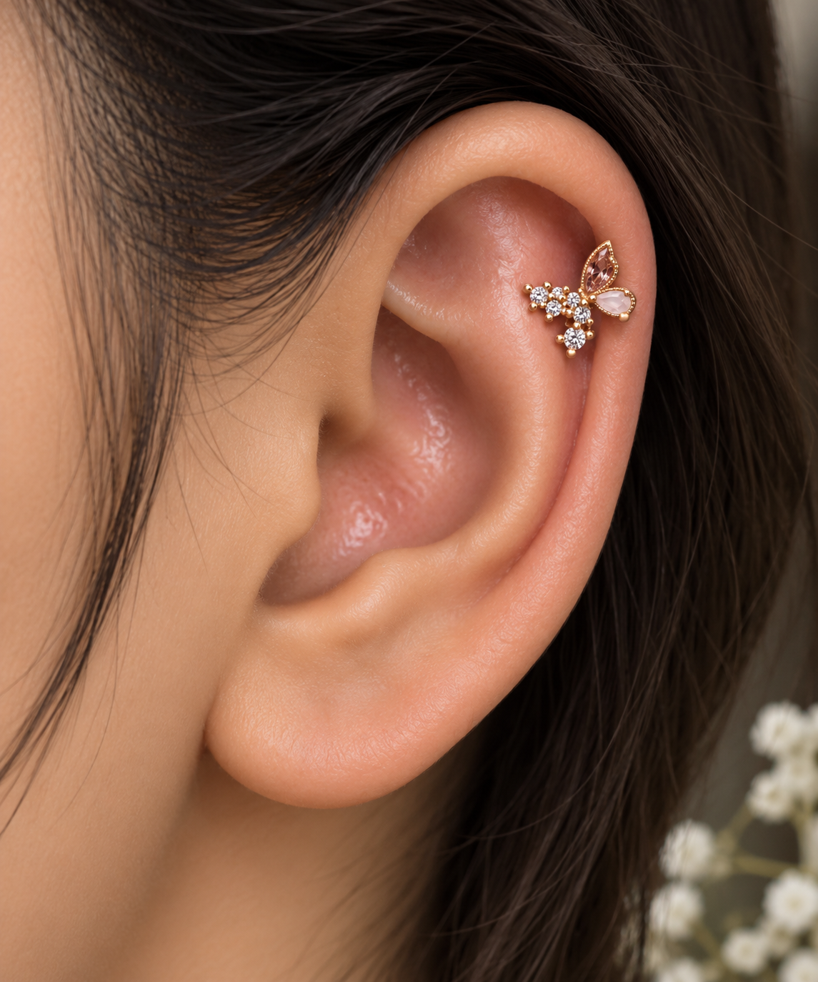 Rose Gold Butterfly Crystal Piercing Stud