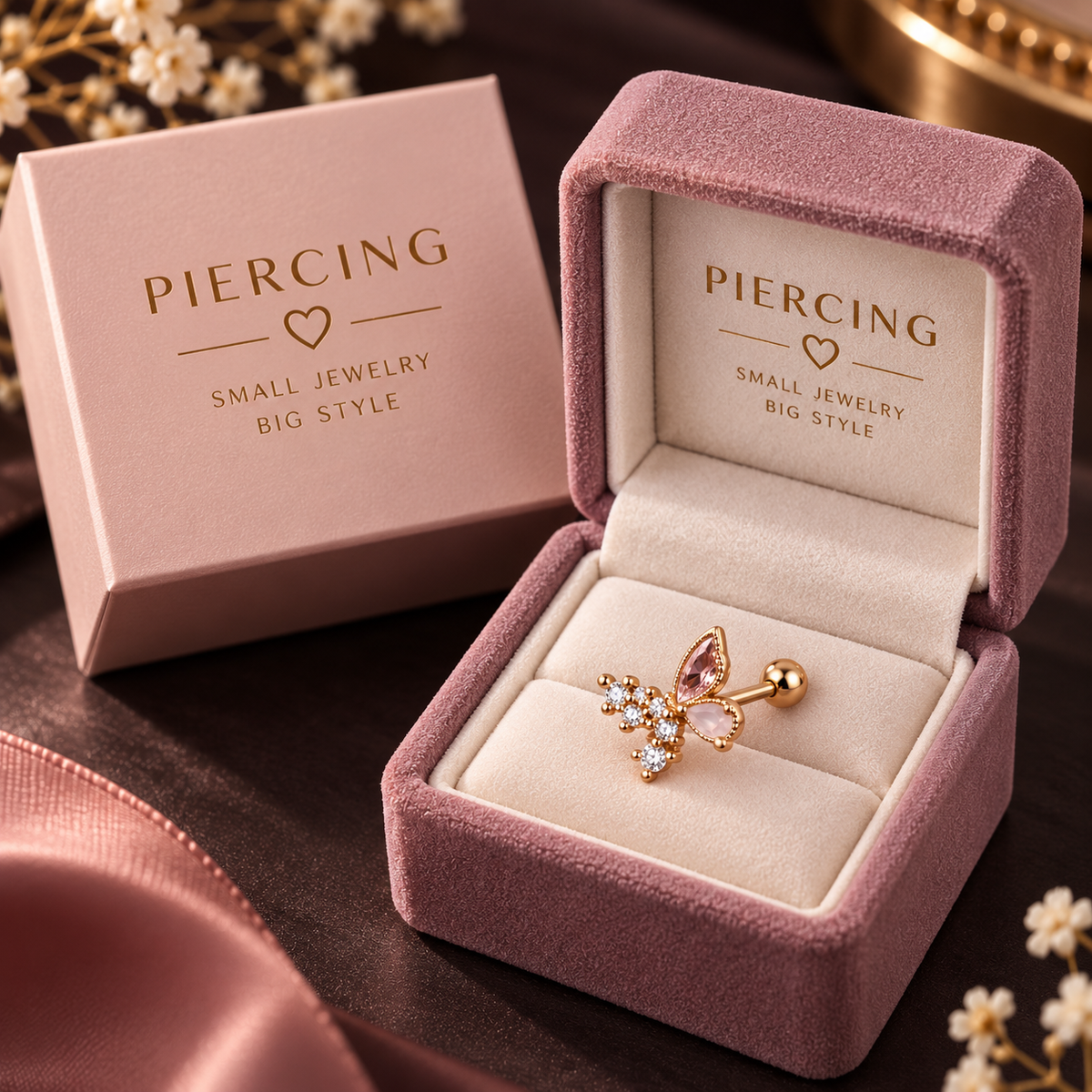 Rose Gold Butterfly Crystal Piercing Stud
