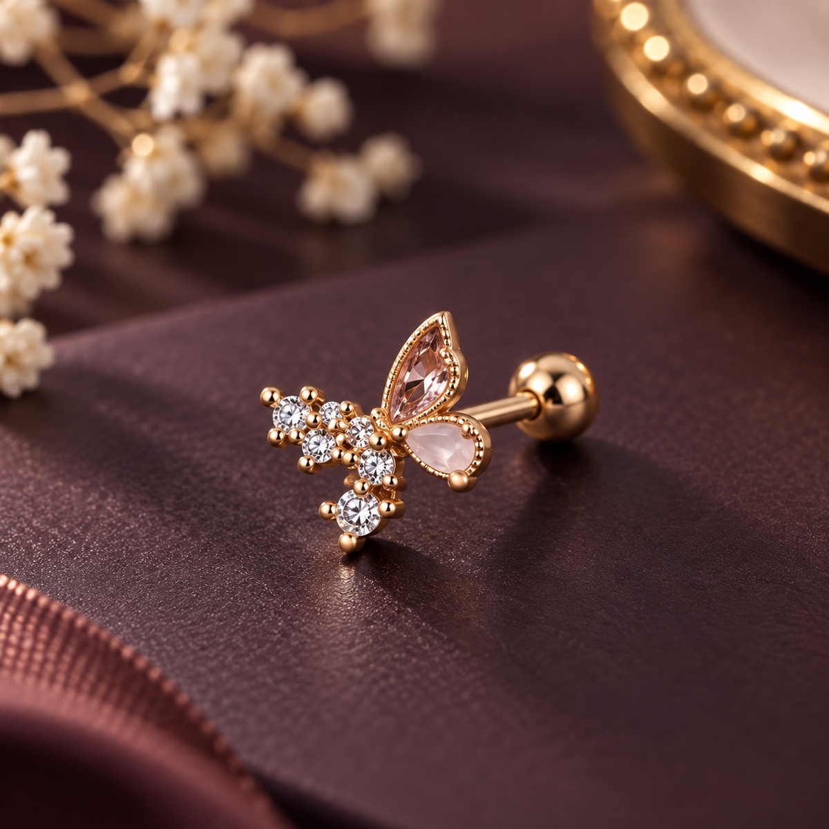 Rose Gold Butterfly Crystal Piercing Stud