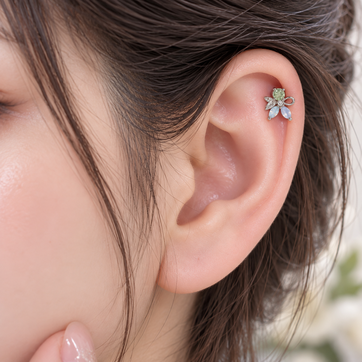 Silver Floral Crystal Piercing Stud