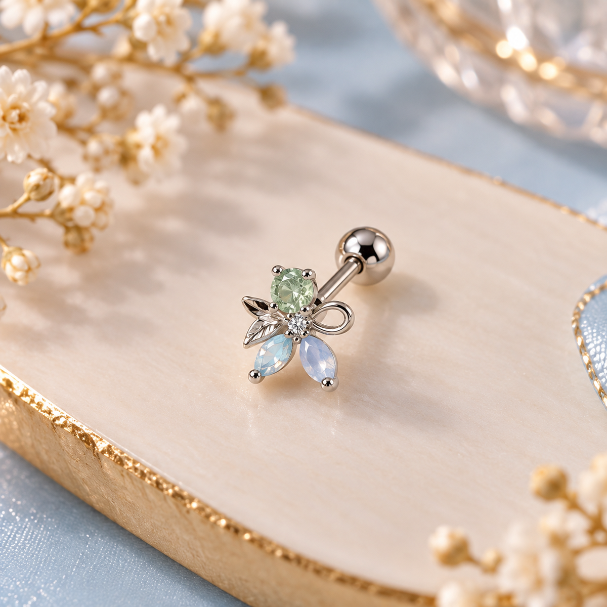 Silver Floral Crystal Piercing Stud